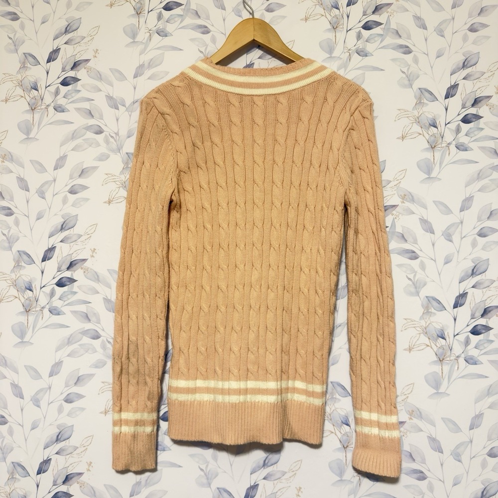 Ralph Lauren Varsity Striped Cricket Cable Knit V Neck Sweater Pink Size M - Picture 3 of 5